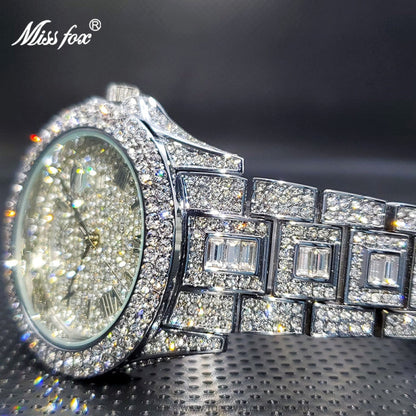 Luxury MISSFOX Ice Out Diamond Finish Bezel Round Calendar Quartz Fashion Dress Watch - Top G Watches