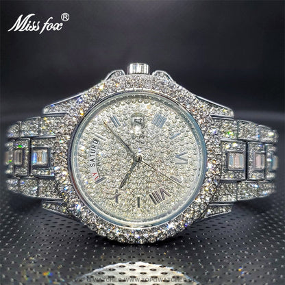 Luxury MISSFOX Ice Out Diamond Finish Bezel Round Calendar Quartz Fashion Dress Watch - Top G Watches