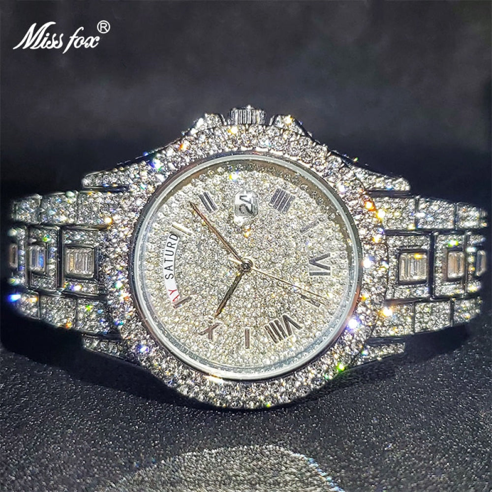 Luxury MISSFOX Ice Out Diamond Finish Bezel Round Calendar Quartz Fashion Dress Watch - Top G Watches