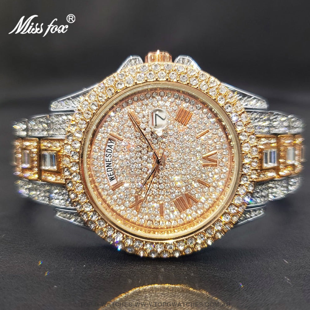 Luxury MISSFOX Ice Out Diamond Finish Bezel Round Calendar Quartz Fashion Dress Watch - Top G Watches