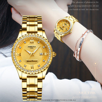 Gold NIBOSI Top Brand Luxury Ladies Classic Bracelet Wrist Watch - Top G Watches