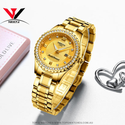 Gold NIBOSI Top Brand Luxury Ladies Classic Bracelet Wrist Watch - Top G Watches