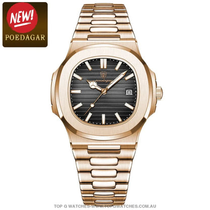 Luxury Rosegold Poedagar Business Luminous Steel Square Quartz Divers Watch - Top G Watches