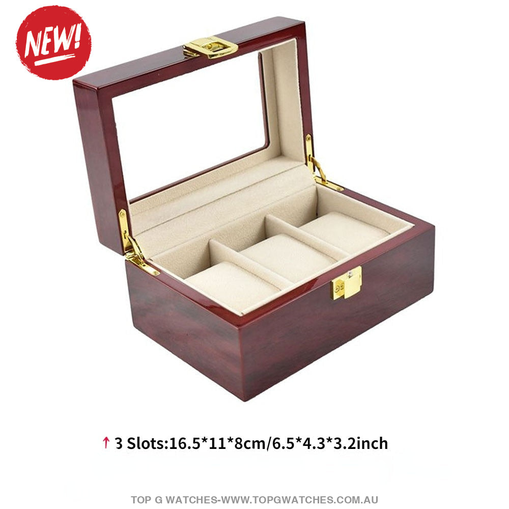 New Luxury Stained Polished Wooden Watch Jewelry Storage Box 3 Slots Accessories