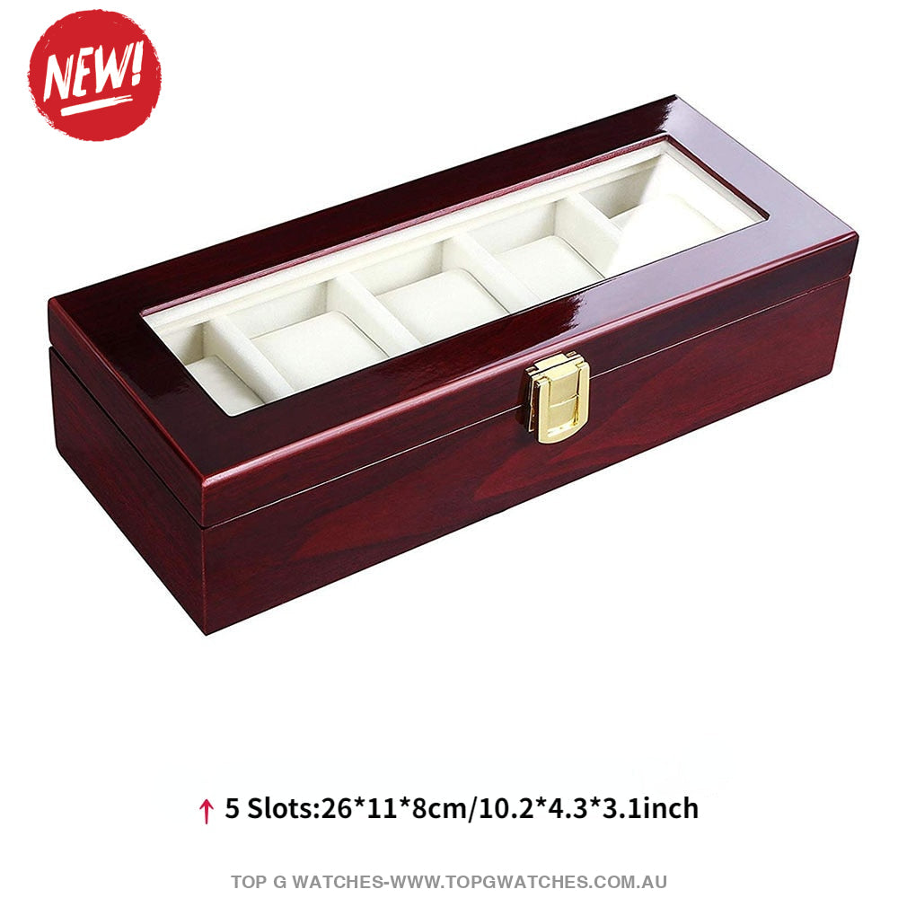 New Luxury Stained Polished Wooden Watch Jewelry Storage Box 5 Slots Accessories