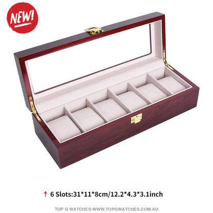 New Luxury Stained Polished Wooden Watch Jewelry Storage Box 6 Slots Accessories