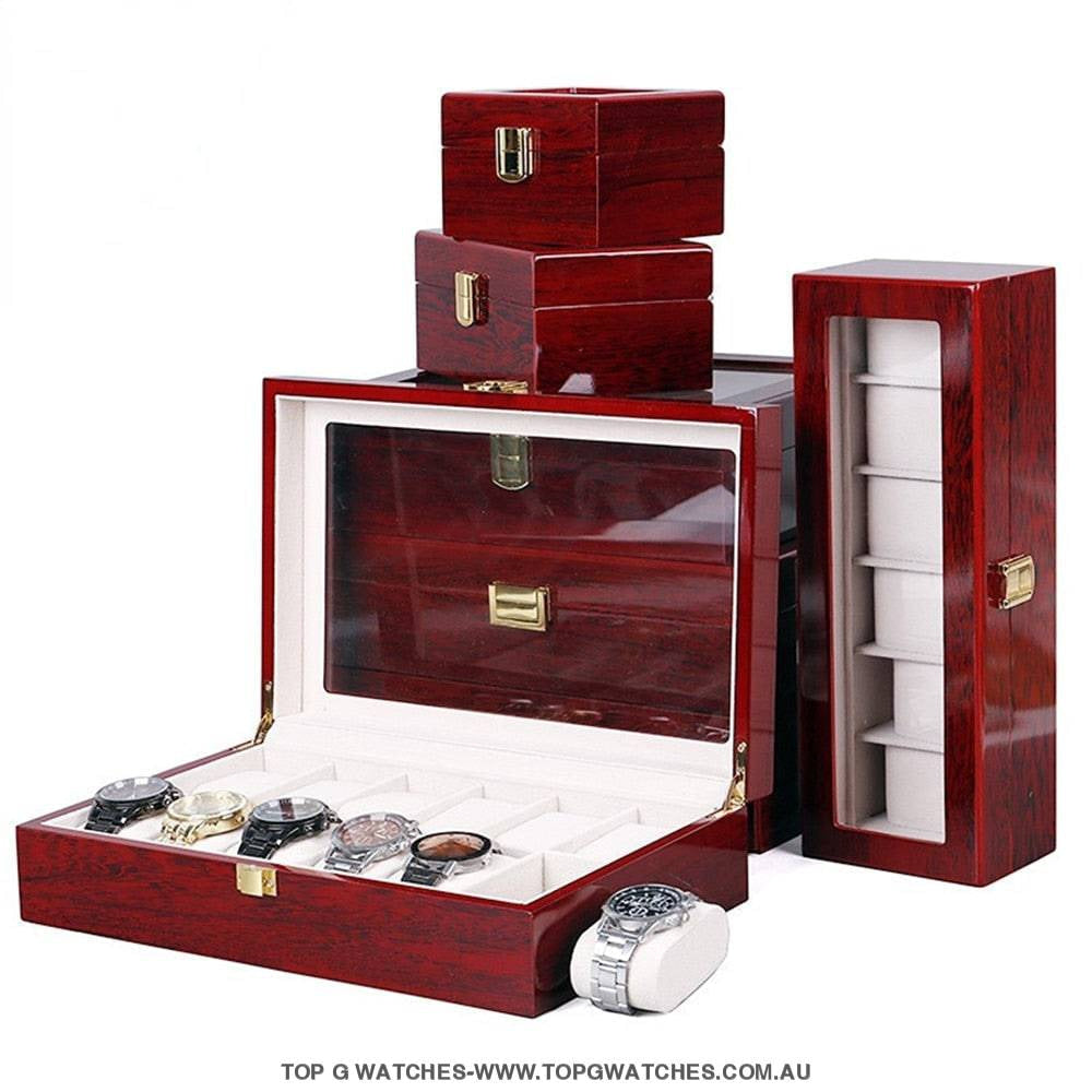 Luxury Stained Polished Wooden Watch Jewellery Storage Box - Top G Watches