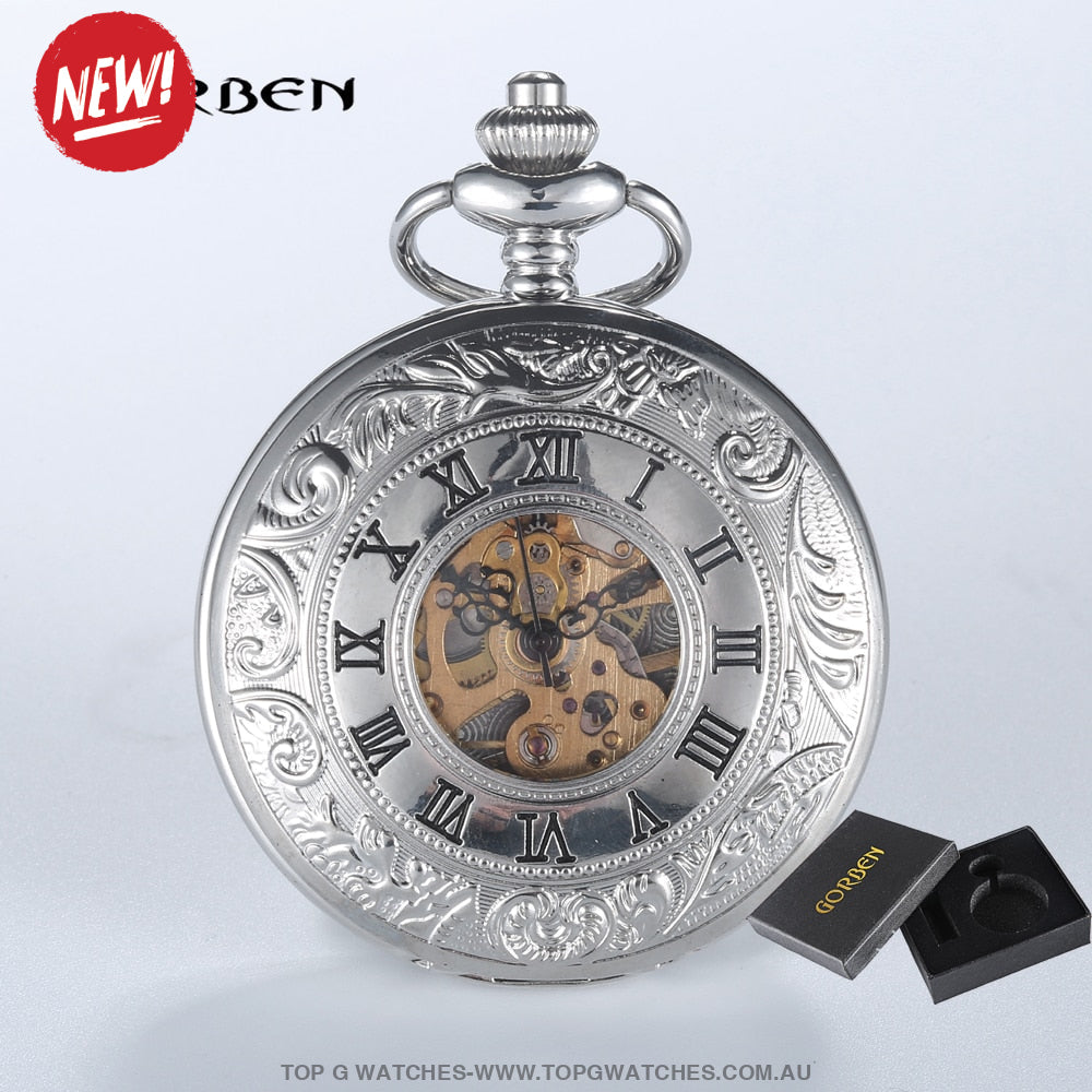 Mechanical Hollow Skeleton Hardware Dial Gold Silver Black Steel Quartz Pocket Chain Watch - Top G Watches