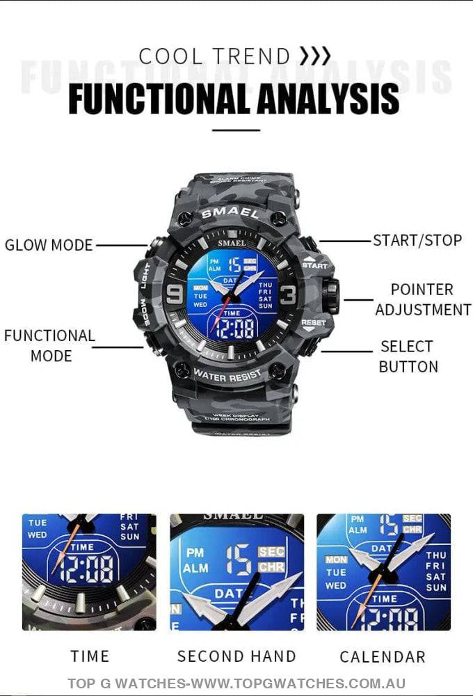 Military Digital Duel SMAEL LED 50m Waterproof LED Stopwatch 8049B Sports Wristwatch - Top G Watches