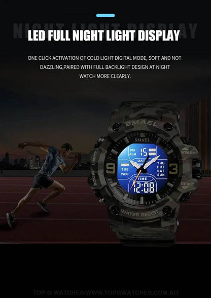 Military Digital Duel SMAEL LED 50m Waterproof LED Stopwatch 8049B Sports Wristwatch - Top G Watches