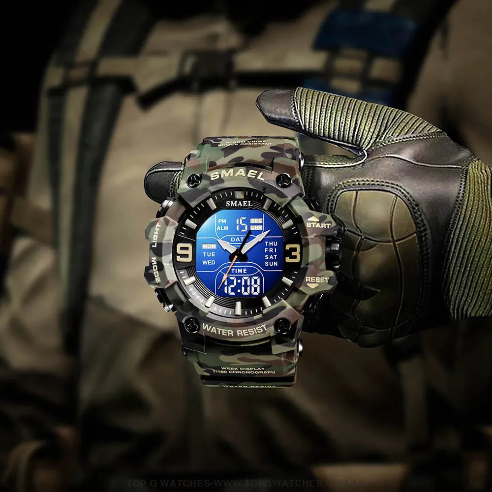 Military Digital Duel SMAEL LED 50m Waterproof LED Stopwatch 8049B Sports Wristwatch - Top G Watches