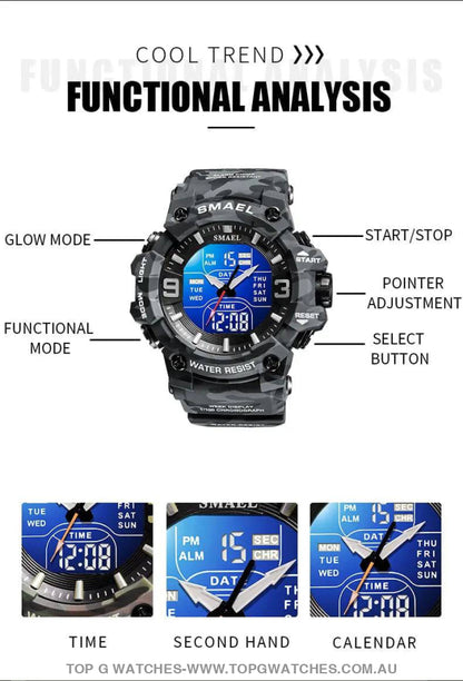 Military Digital Duel SMAEL LED 50m Waterproof LED Stopwatch 8049B Sports Wristwatch - Top G Watches