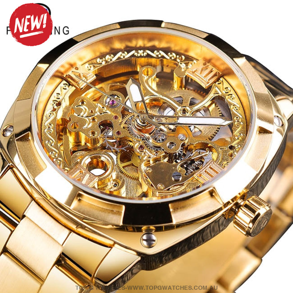 Transparent Hollow Forsining Men's Mechanical Golden Skeleton Watch - Top G Watches