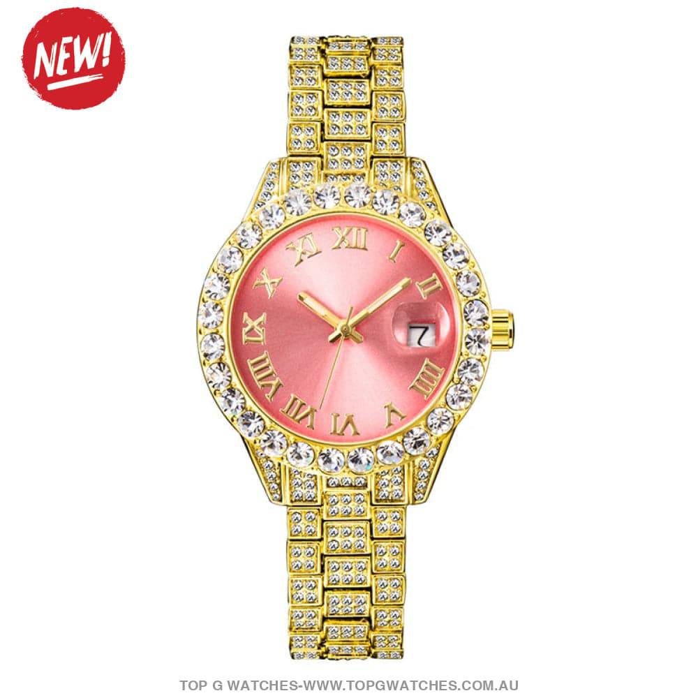 Iced Out Style MissFox Pink Jewel Luxury Elegant Ladies Fashion Quart Top G Watches