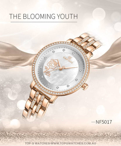 Blooming Rose Jewel RoseGold Elegant Naviforce Design Ladies Bracelet Watch - Top G Watches