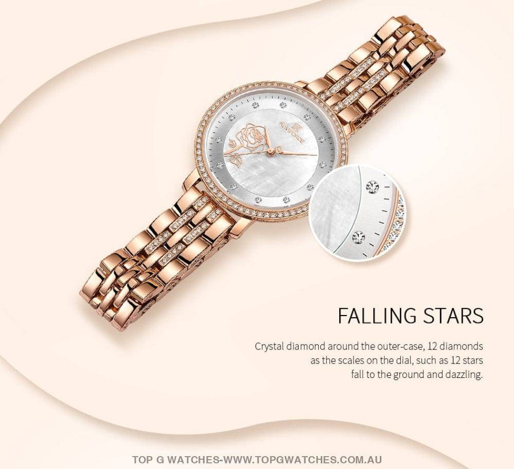 Blooming Rose Jewel RoseGold Elegant Naviforce Design Ladies Bracelet Watch - Top G Watches