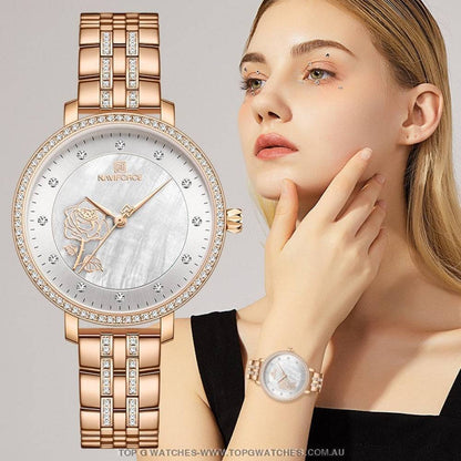 Blooming Rose Jewel RoseGold Elegant Naviforce Design Ladies Bracelet Watch - Top G Watches