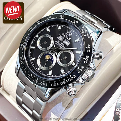 New Olevs Automatic Mechanical Self Wind Luminous Chronograph Wristwatch Black Mens Watches