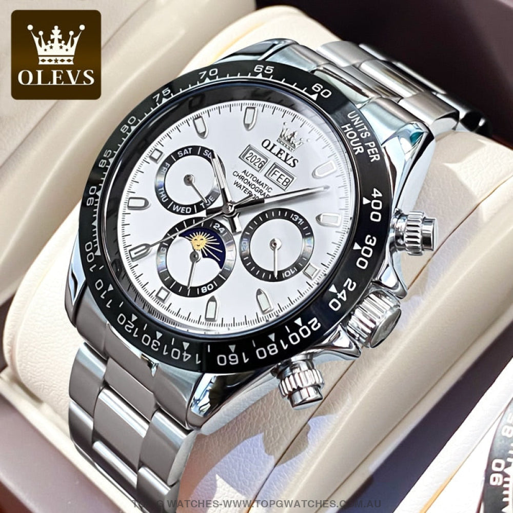 New Olevs Automatic Mechanical Self Wind Luminous Chronograph Wristwatch White Mens Watches
