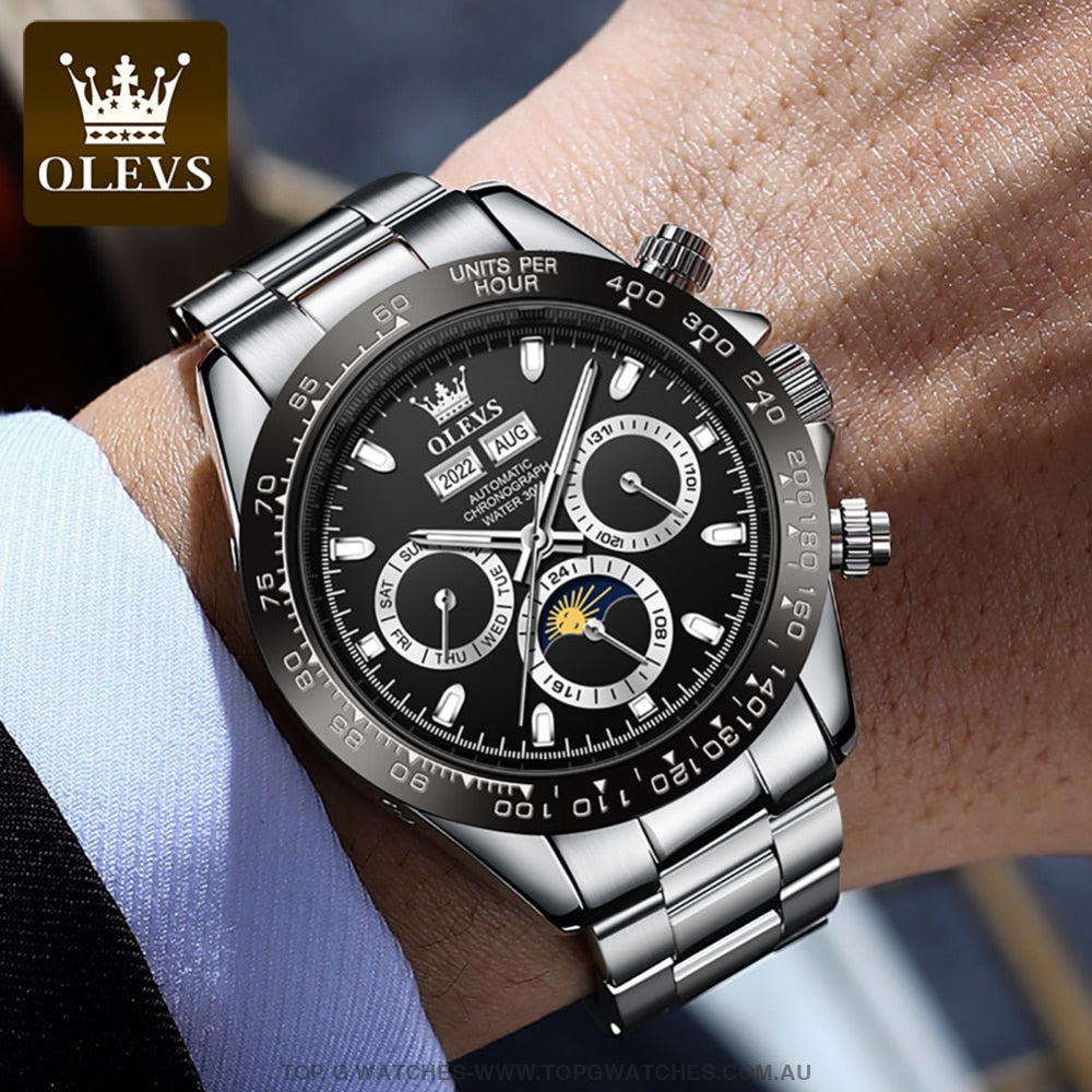 New Olevs Automatic Mechanical Self Wind Luminous Chronograph Wristwatch Mens Watches