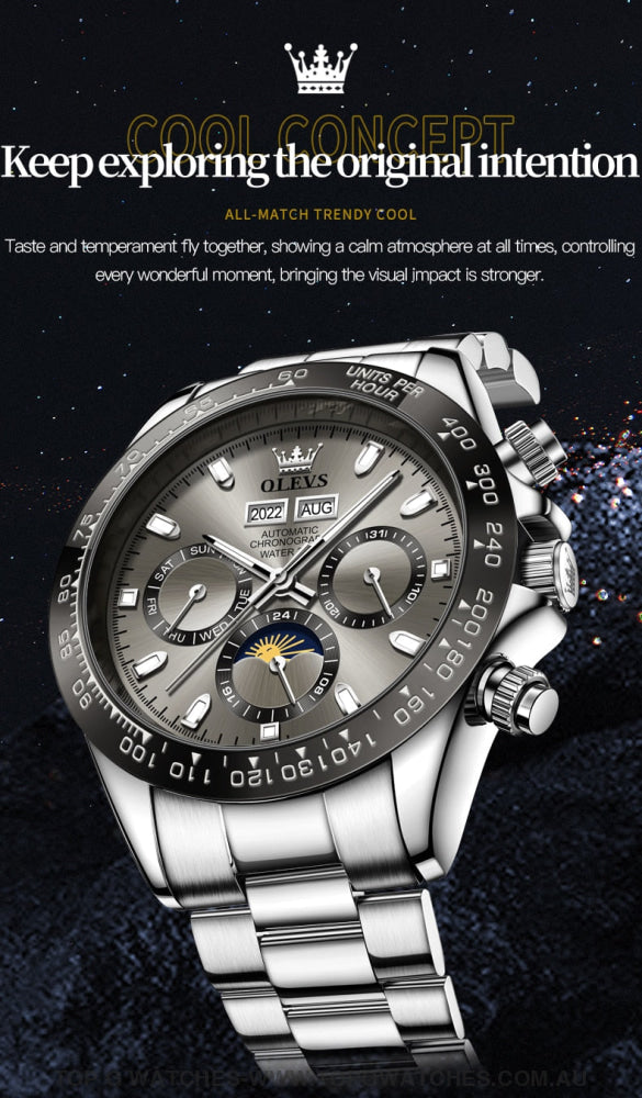 New Olevs Automatic Mechanical Self Wind Luminous Chronograph Wristwatch Mens Watches