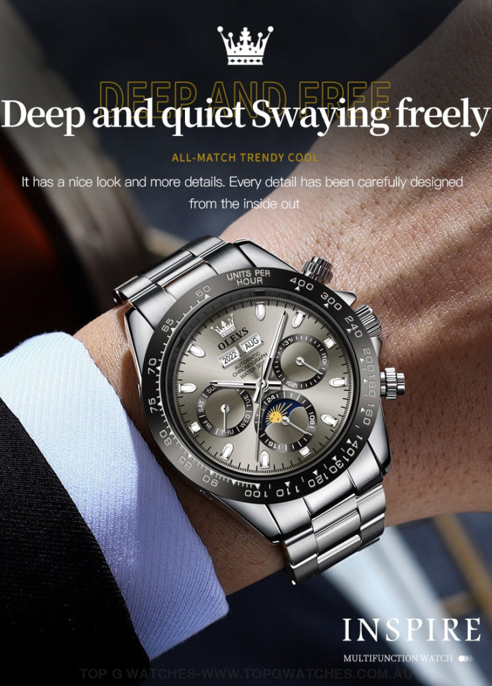 New Olevs Automatic Mechanical Self Wind Luminous Chronograph Wristwatch Mens Watches