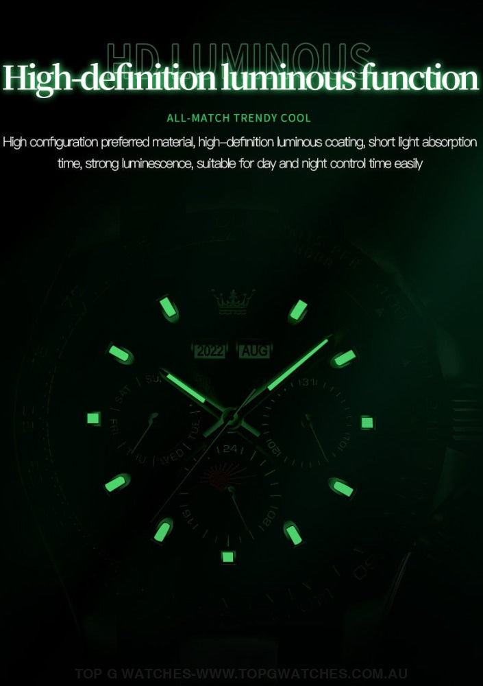 New Olevs Automatic Mechanical Self Wind Luminous Chronograph Wristwatch Mens Watches