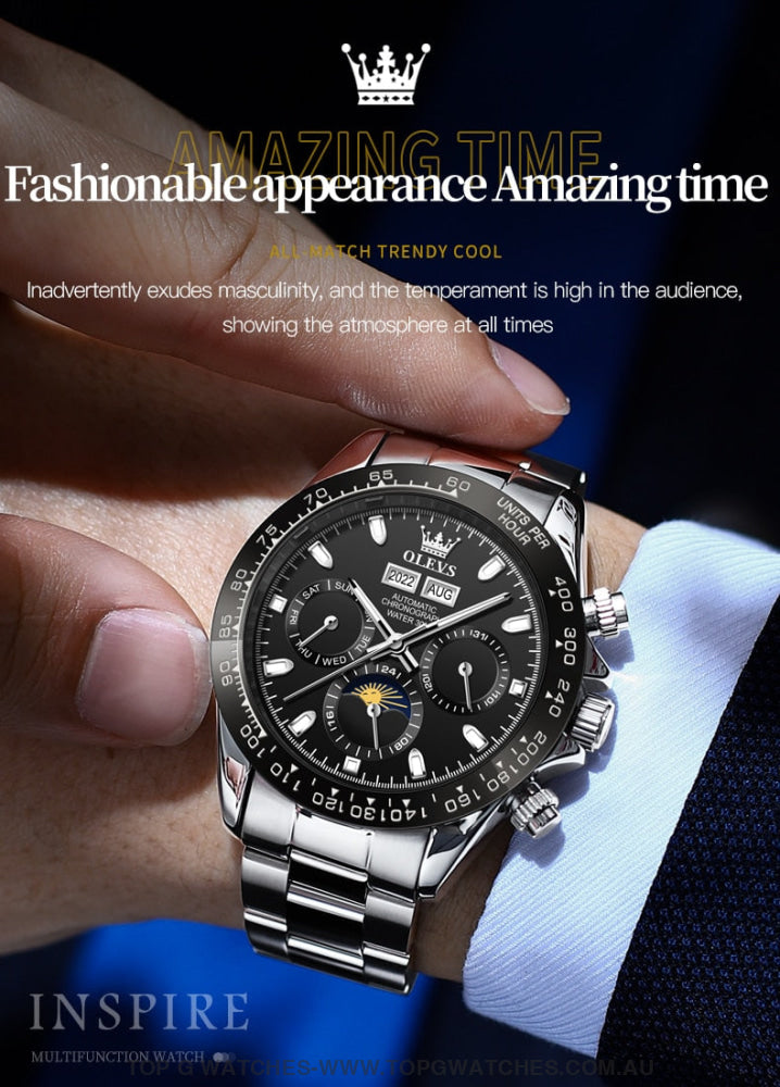 New Olevs Automatic Mechanical Self Wind Luminous Chronograph Wristwatch Mens Watches