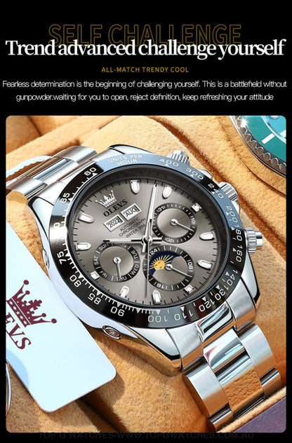 New Olevs Automatic Mechanical Self Wind Luminous Chronograph Wristwatch Mens Watches