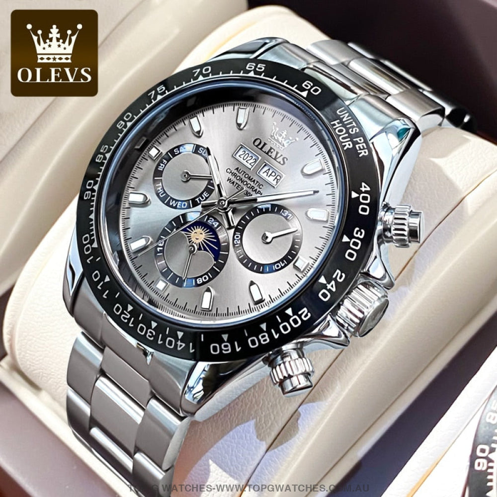 New Olevs Automatic Mechanical Self Wind Luminous Chronograph Wristwatch Silver Mens Watches