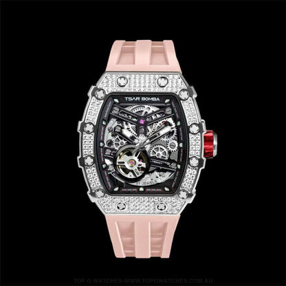 Official TSAR BOMBA Automatic Mechanical Waterproof Diamond Finish Watch TB8209D - Pink Limited-Edition - Top G Watches