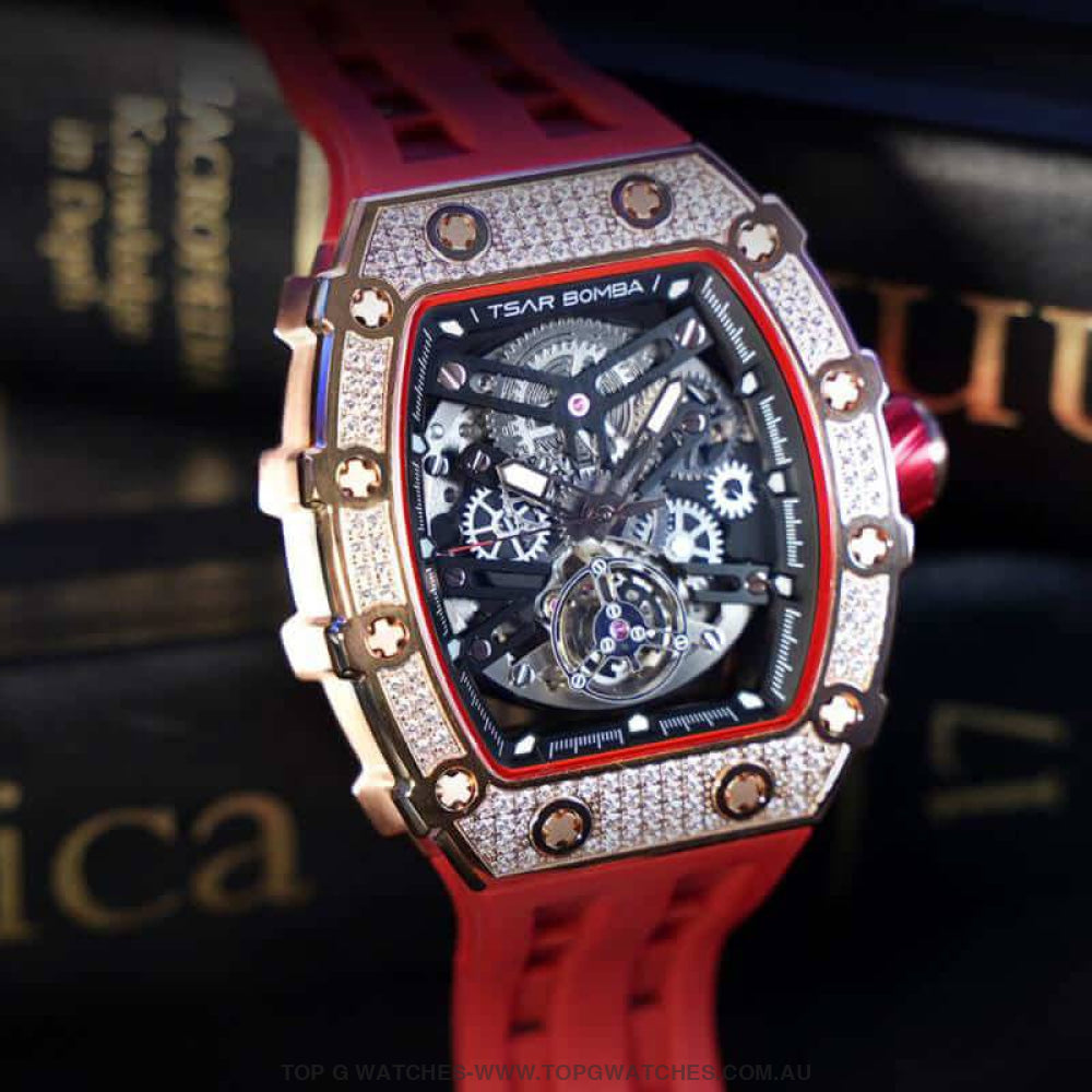 Official TSAR BOMBA Automatic Mechanical Waterproof Diamond Finish Watch TB8208D - Pink Limited-Edition - Top G Watches