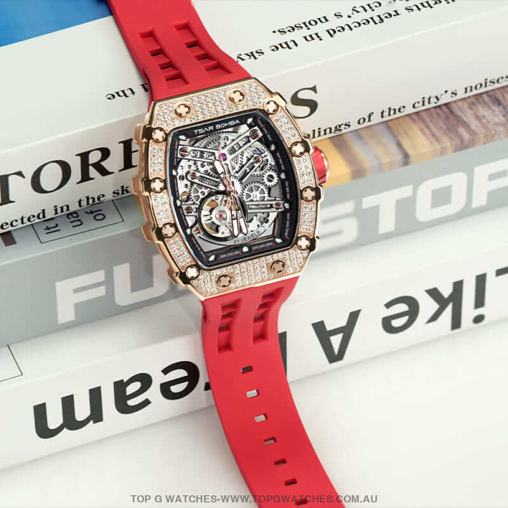 Official TSAR BOMBA Automatic Mechanical Waterproof Diamond Finish Watch TB8209D - Pink Limited-Edition - Top G Watches