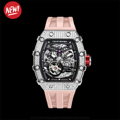 Official TSAR BOMBA Automatic Mechanical Waterproof Diamond Finish Watch TB8208D - Pink Limited-Edition - Top G Watches