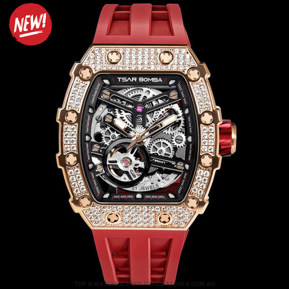 Official TSAR BOMBA Automatic Mechanical Waterproof Diamond Finish Watch TB8208D - Pink Limited-Edition - Top G Watches
