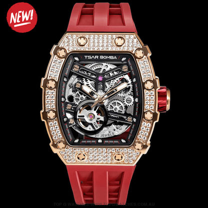 Official TSAR BOMBA Automatic Mechanical Waterproof Diamond Finish Watch TB8208D - Pink Limited-Edition - Top G Watches