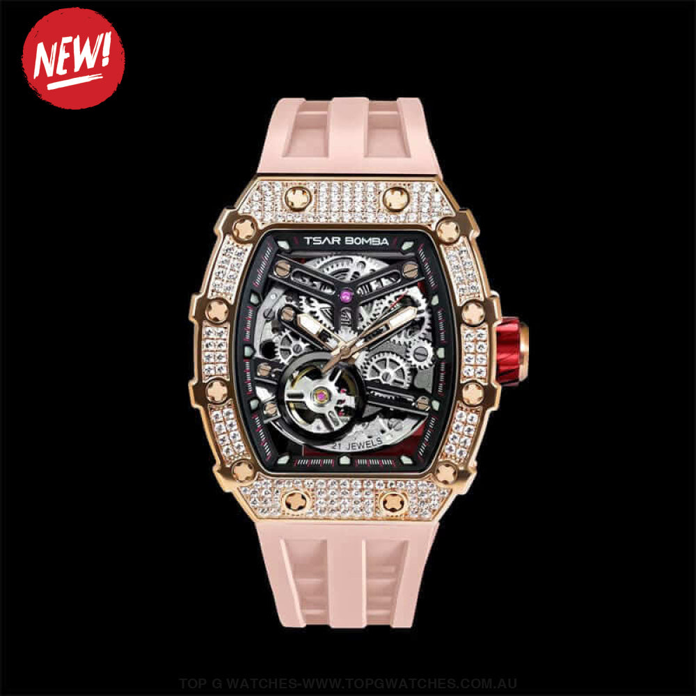 Official TSAR BOMBA Automatic Mechanical Waterproof Diamond Finish Watch TB8209D - Pink Limited-Edition - Top G Watches