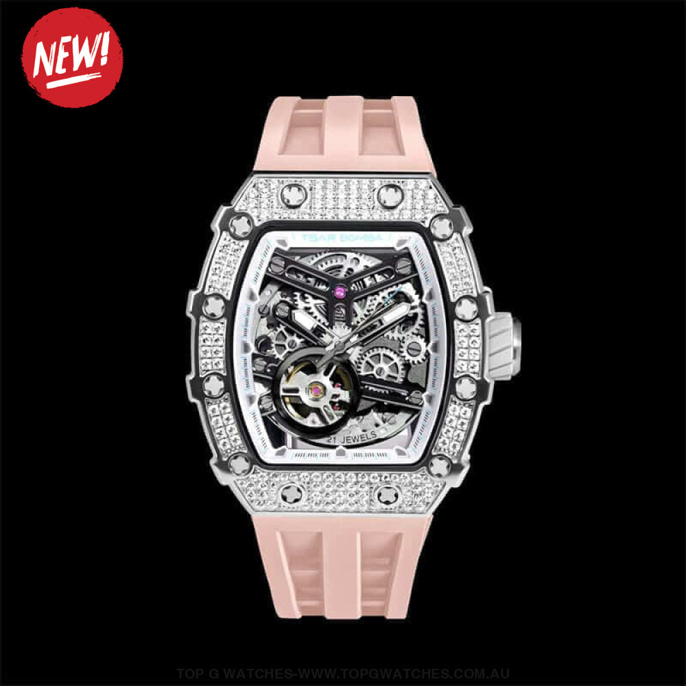 Official TSAR BOMBA Automatic Mechanical Waterproof Diamond Finish Watch TB8209D - Pink Limited-Edition - Top G Watches