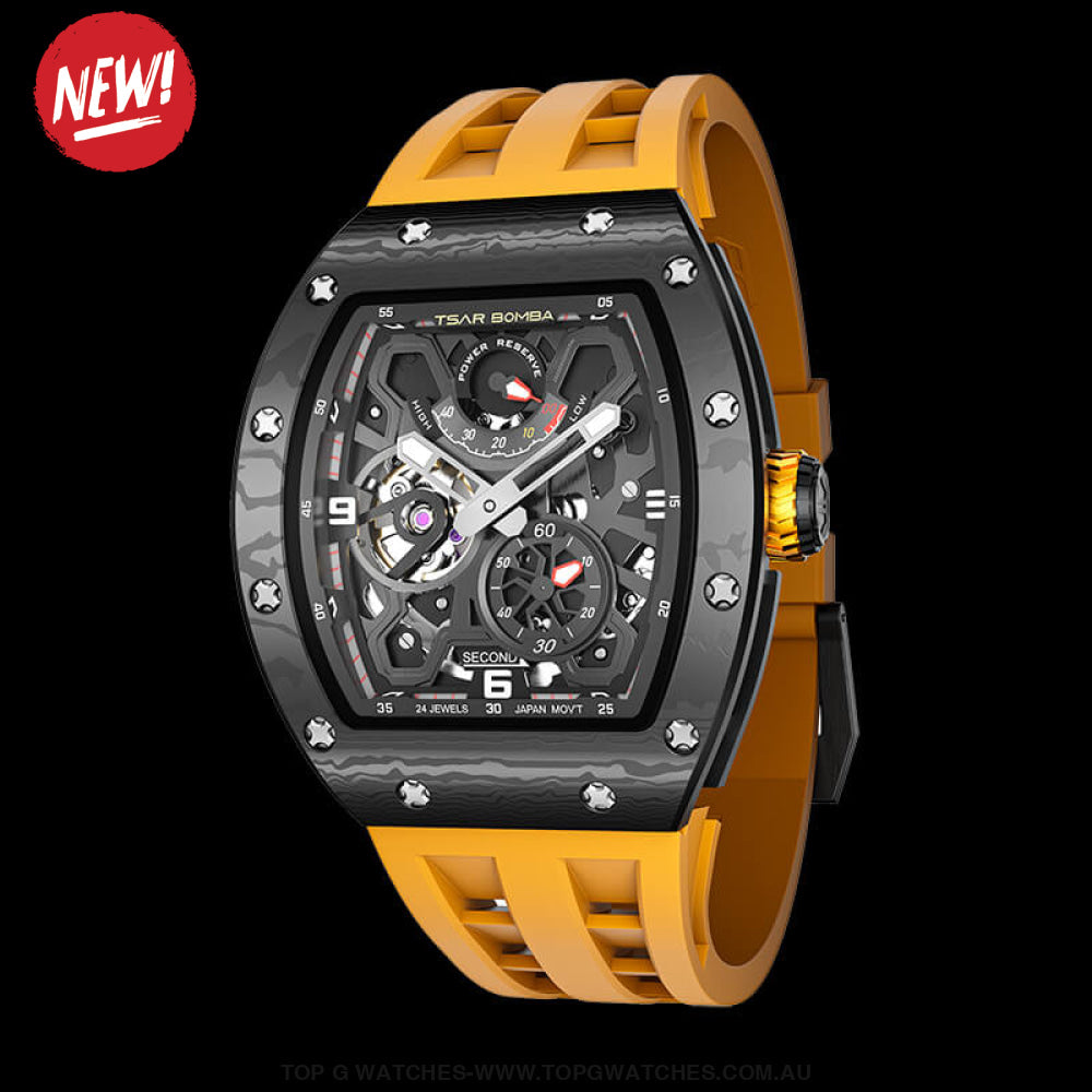 Official Tsar Bomba Carbon Fiber Kinetic Energy Display Automatic Tb8212Cf Yellow Tsar Watch