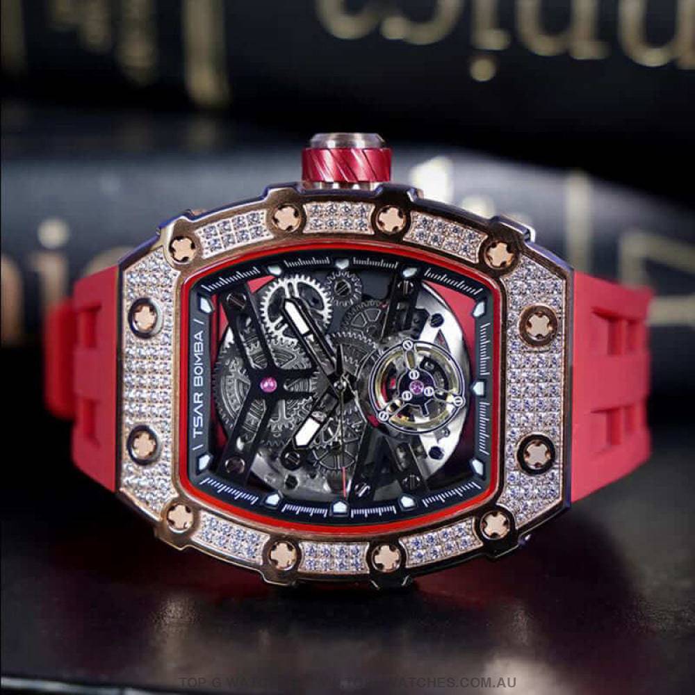 Official TSAR BOMBA Elemental Series Automatic Mechanical Waterproof Diamond Finish Watch TB8208D - Pink Limited-Edition - Top G Watches