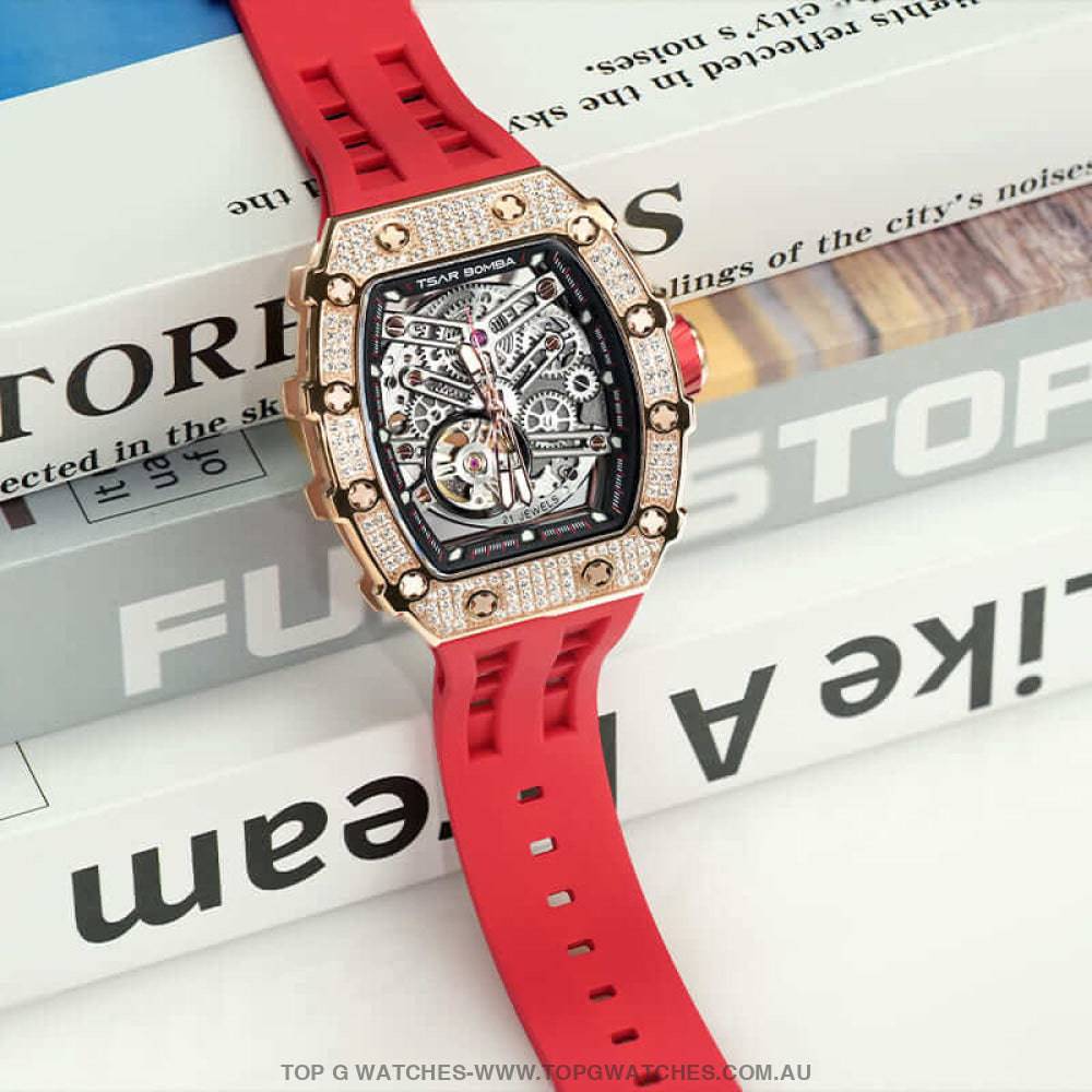 Official TSAR BOMBA Elemental Series Automatic Mechanical Waterproof Diamond Finish Watch TB8208D - Pink Limited-Edition - Top G Watches