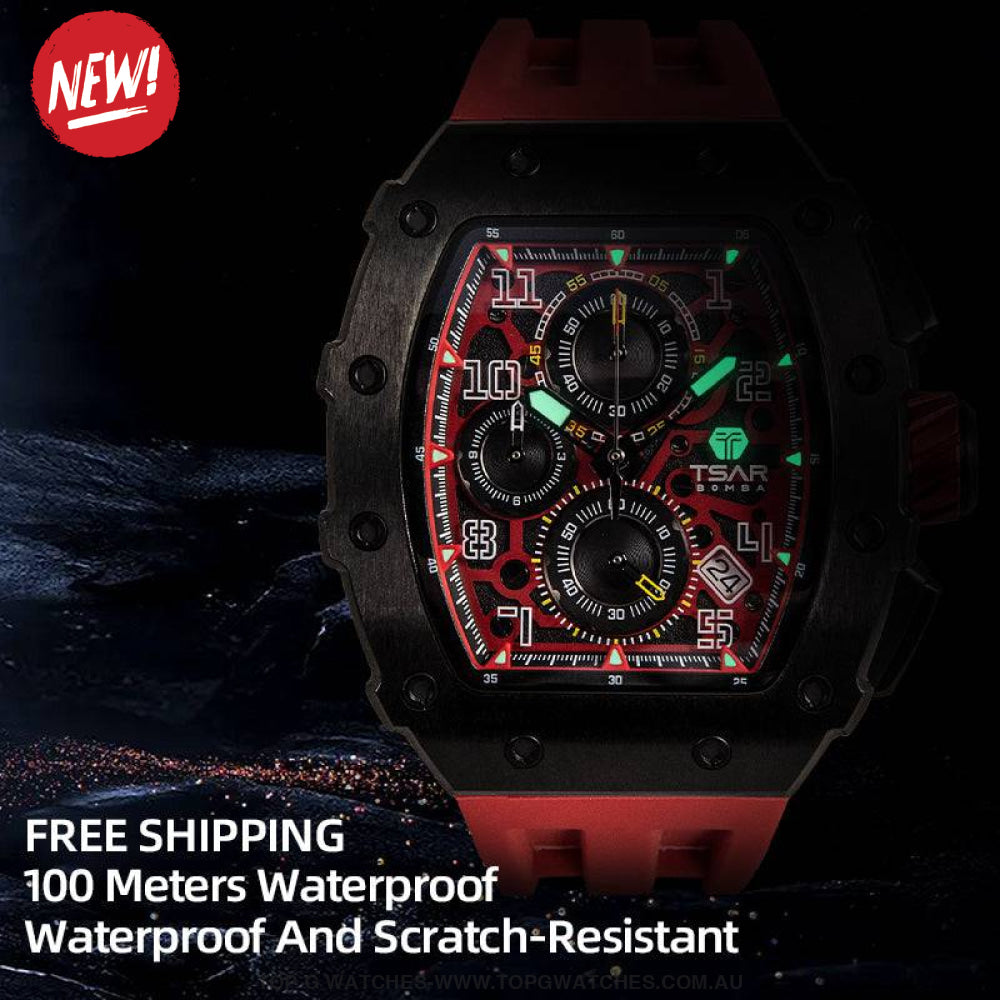 Official TSAR Bomba Watch Quartz Movement Waterproof Watch TB8204Q Black Red - Top G Watches