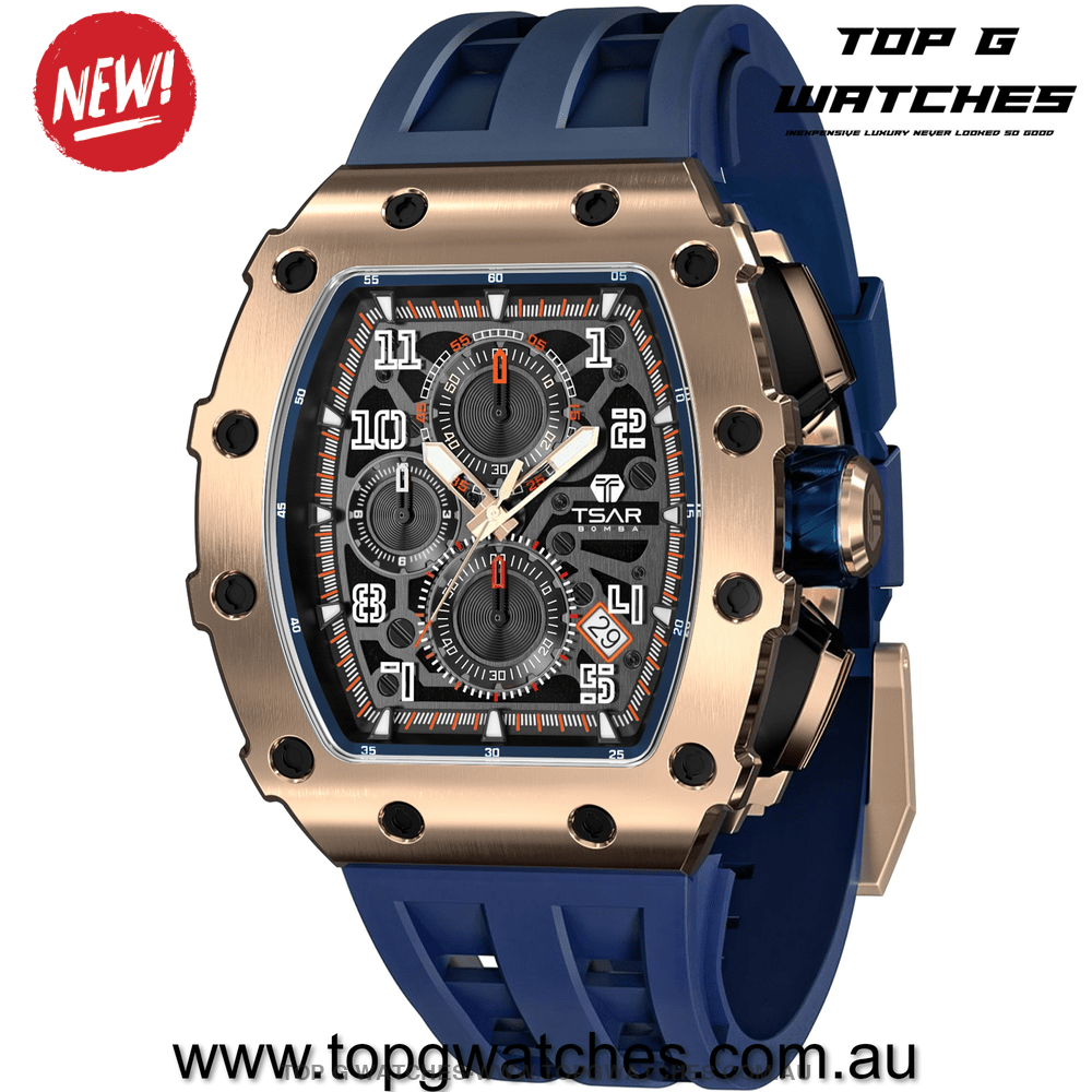 Official TSAR Bomba Watch Quartz Movement Waterproof Watch TB8204Q Gold Blue - Top G Watches