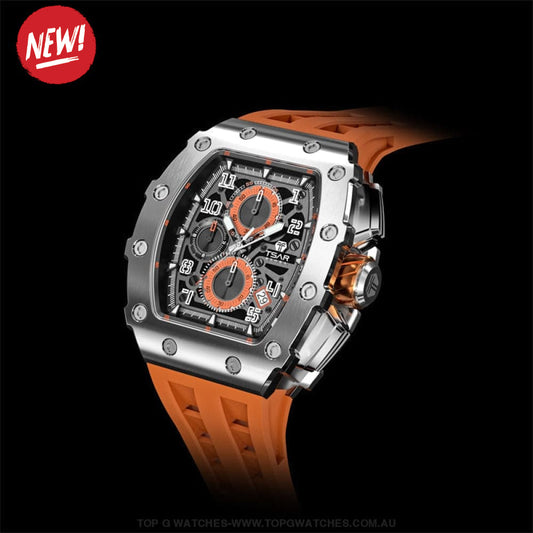 Official TSAR Bomba Watch Quartz Movement Waterproof Watch TB8204Q Silver Orange - Top G Watches