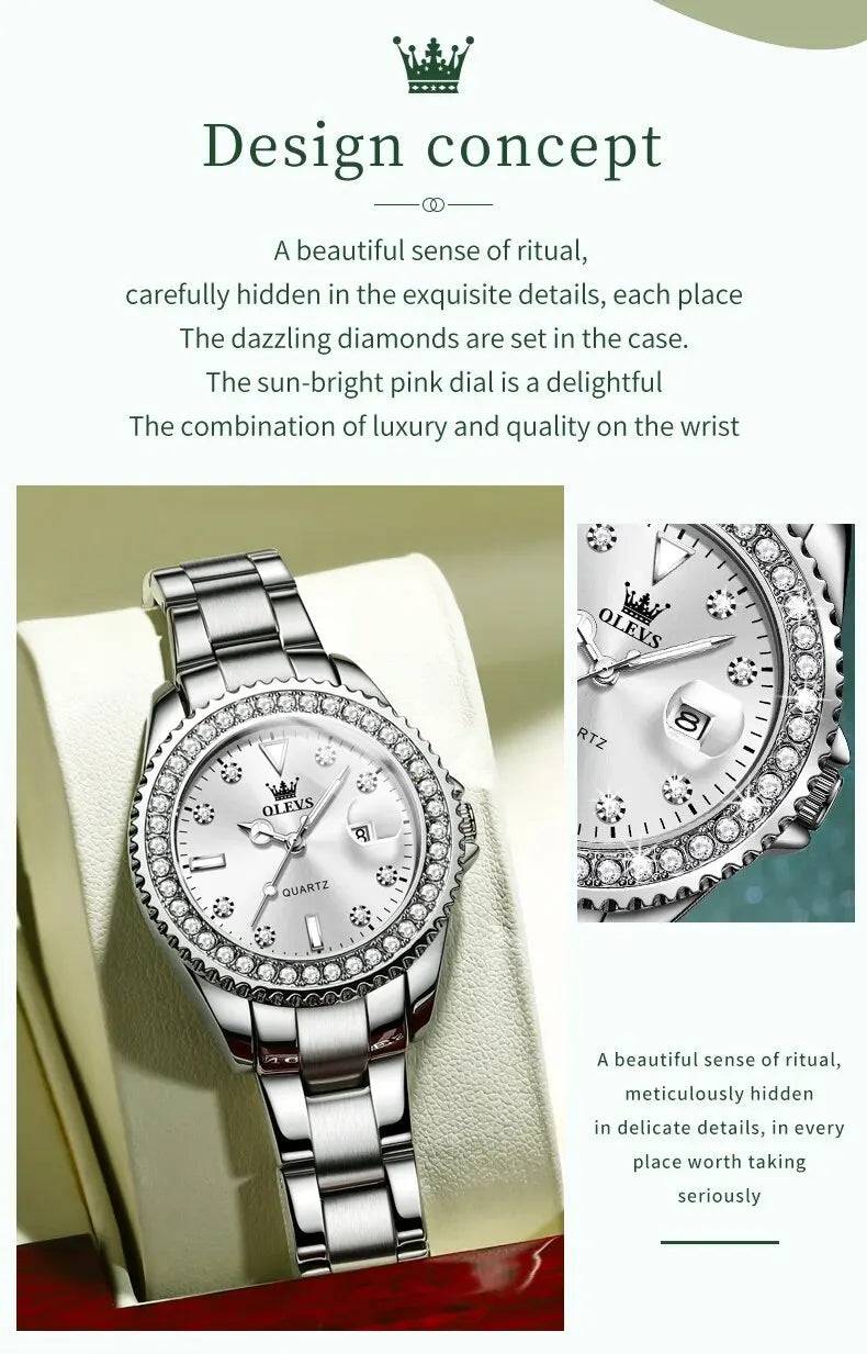 Fashion Diamond Zirconia Dial Quartz-Crystal Waterproof Olevs Ladies Wristwatch - Top G Watches