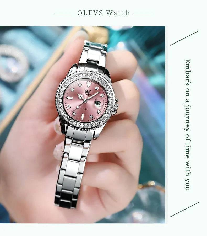 Fashion Diamond Zirconia Dial Quartz-Crystal Waterproof Olevs Ladies Wristwatch - Top G Watches