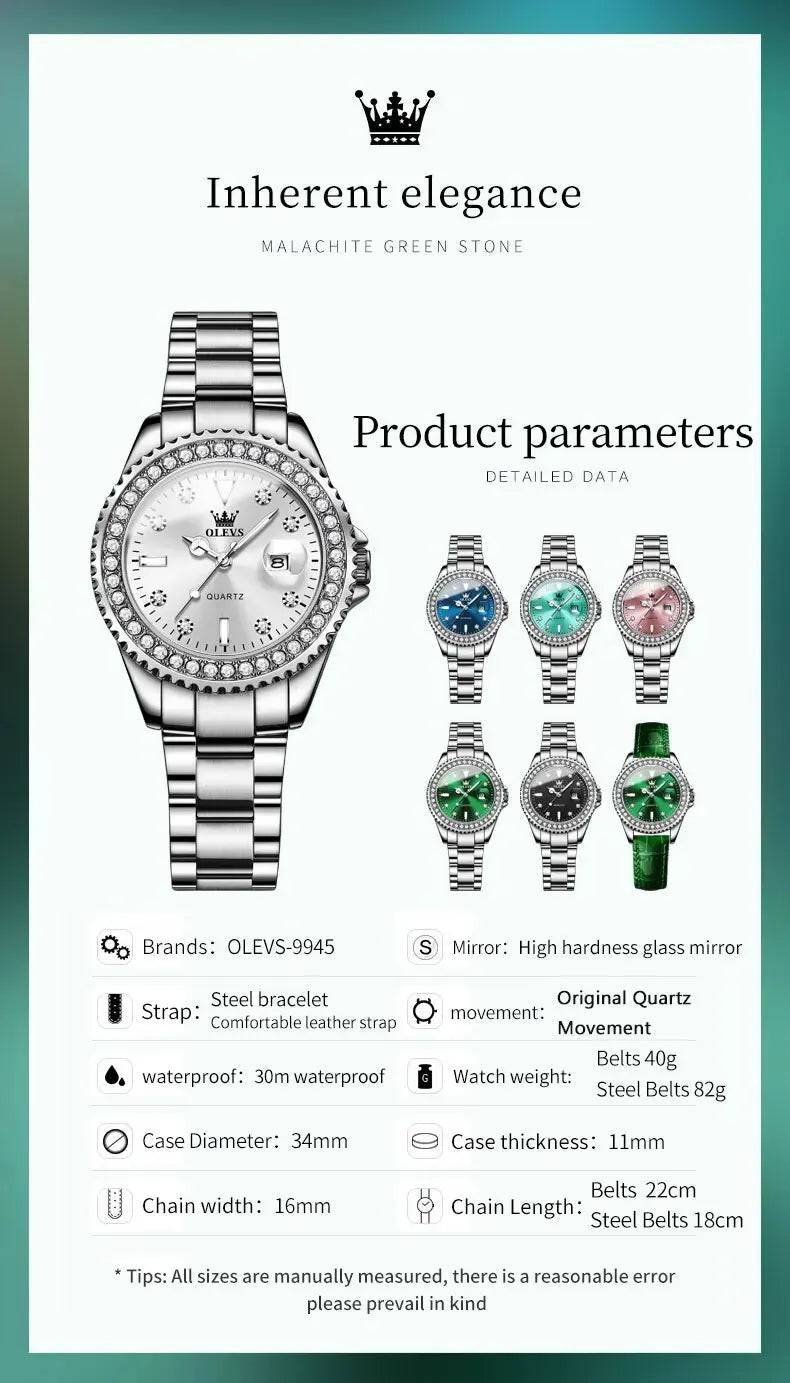 Fashion Diamond Zirconia Dial Quartz-Crystal Waterproof Olevs Ladies Wristwatch - Top G Watches