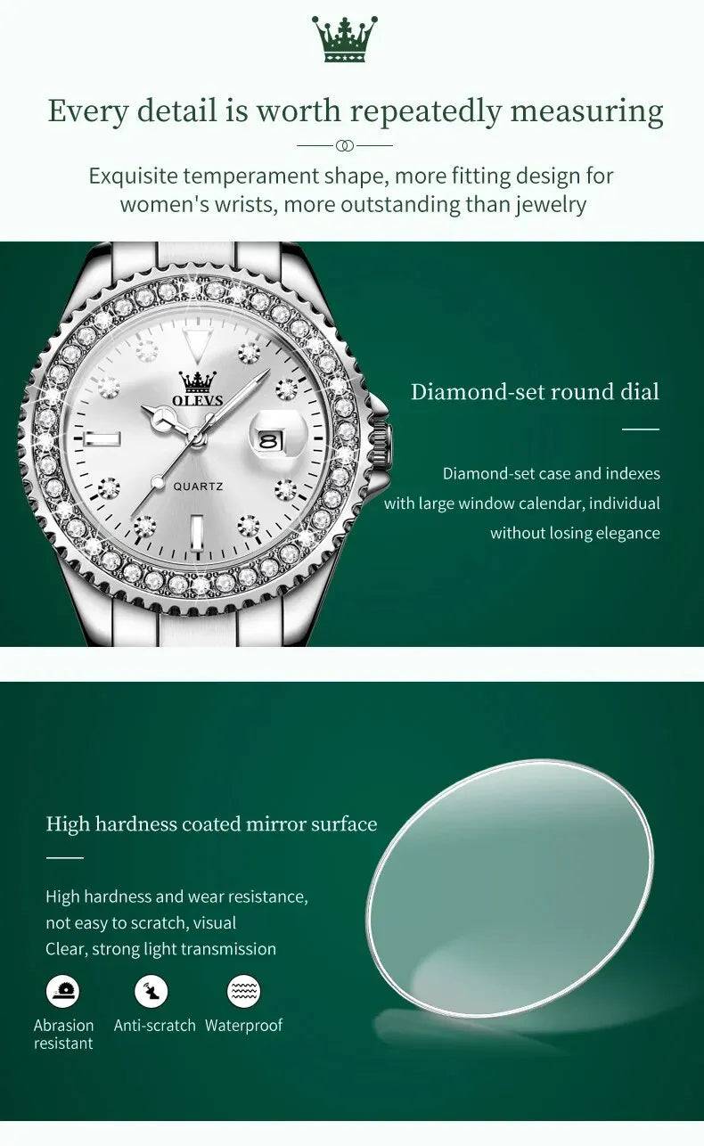 Fashion Diamond Zirconia Dial Quartz-Crystal Waterproof Olevs Ladies Wristwatch - Top G Watches