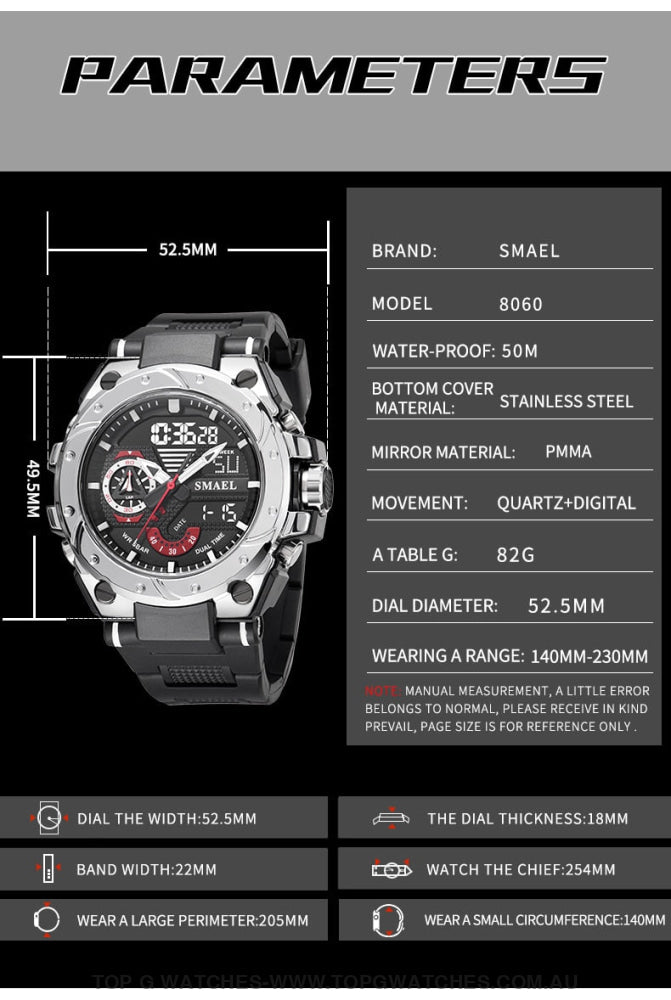 Top G Sport Smael 50M Waterproof Alarm Dual Digital Quarts 8060 Sport Top G Watches