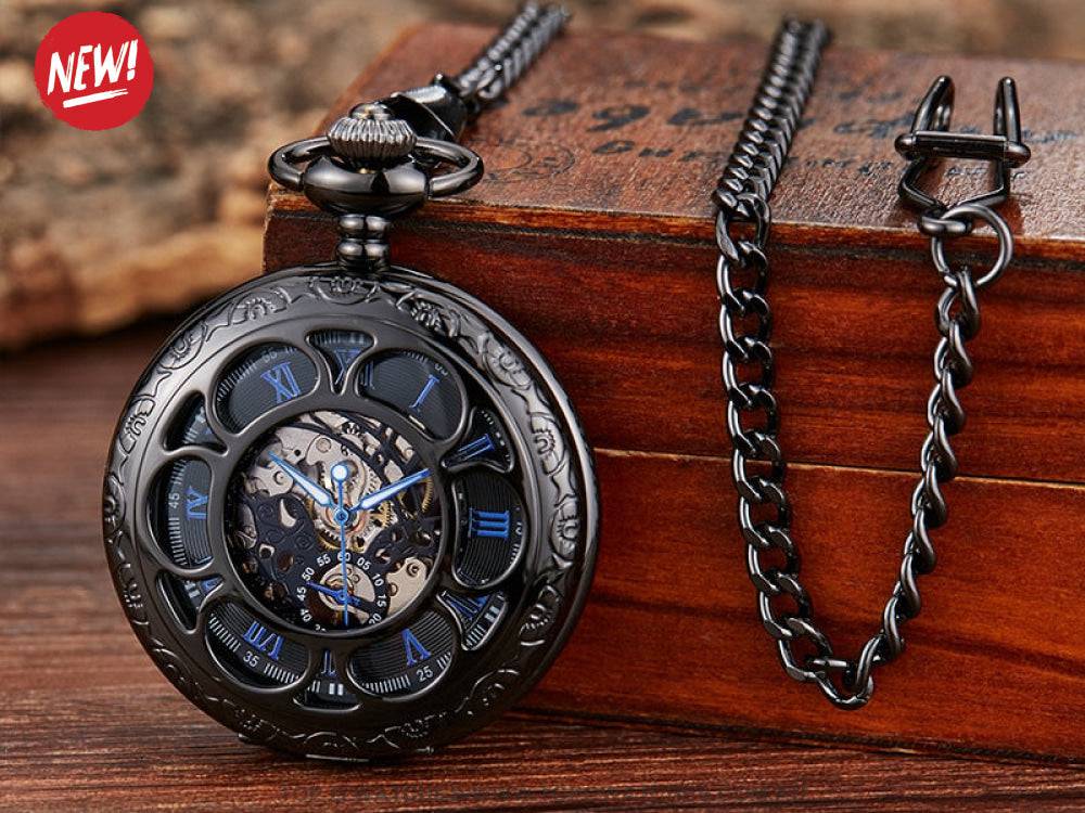 Bronze Gold Mechanical Hollow Design Roman Numeral Dial Skeleton Wind Quartz Pocket Chain Watch - Top G Watches